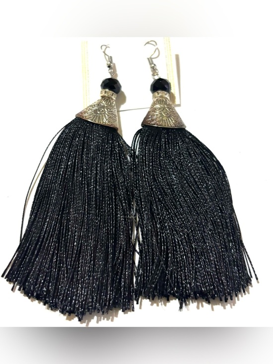 Handmade Jewelry - Black Tassel Drop Earrings with Silver-Tone Cones